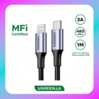 UGREEN MFI USB-C to Lighting Nylon Braided Charging Cable 2m