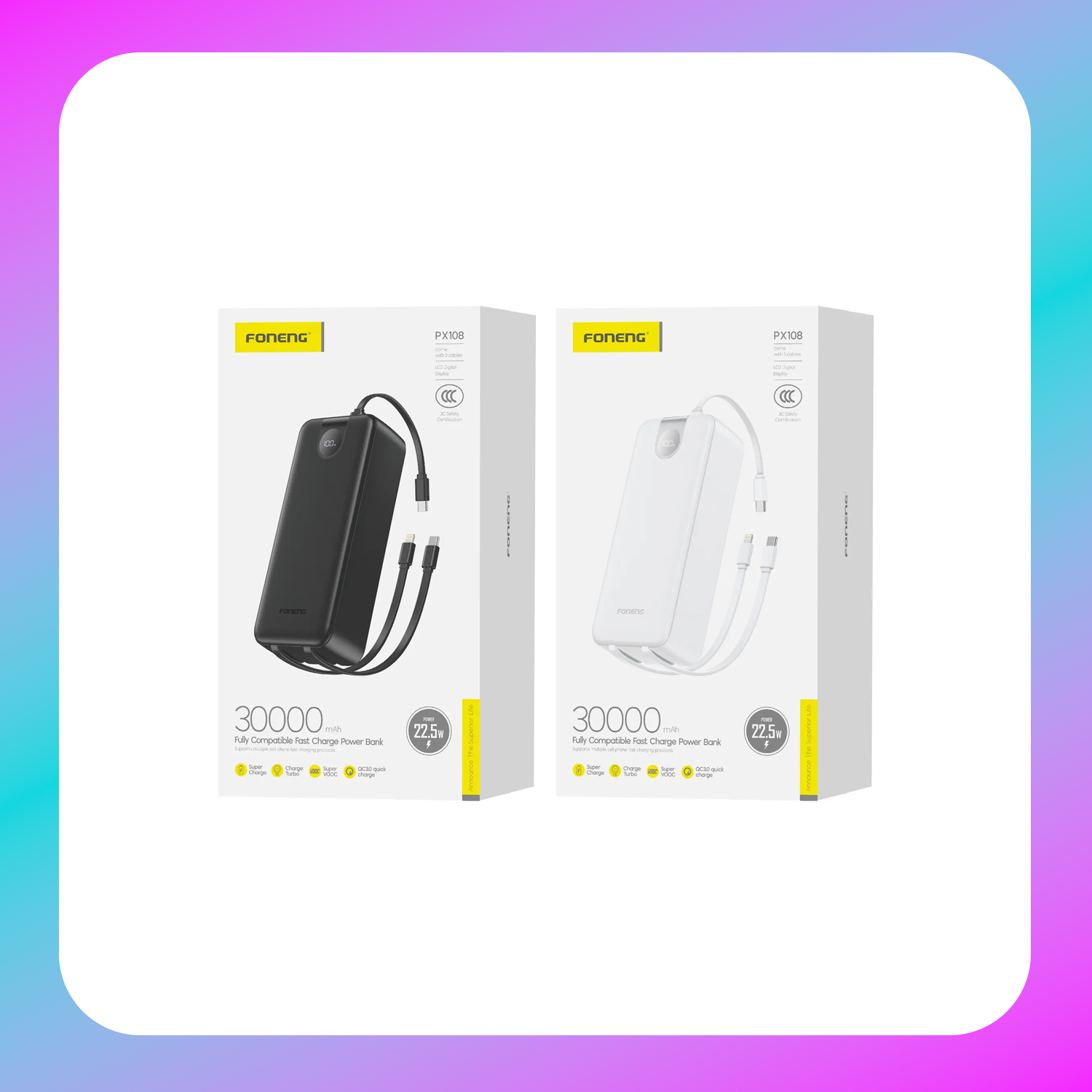 Foneng PX108 30000mAh Power Bank (22.5W) , 3 Built-in Cables Main image