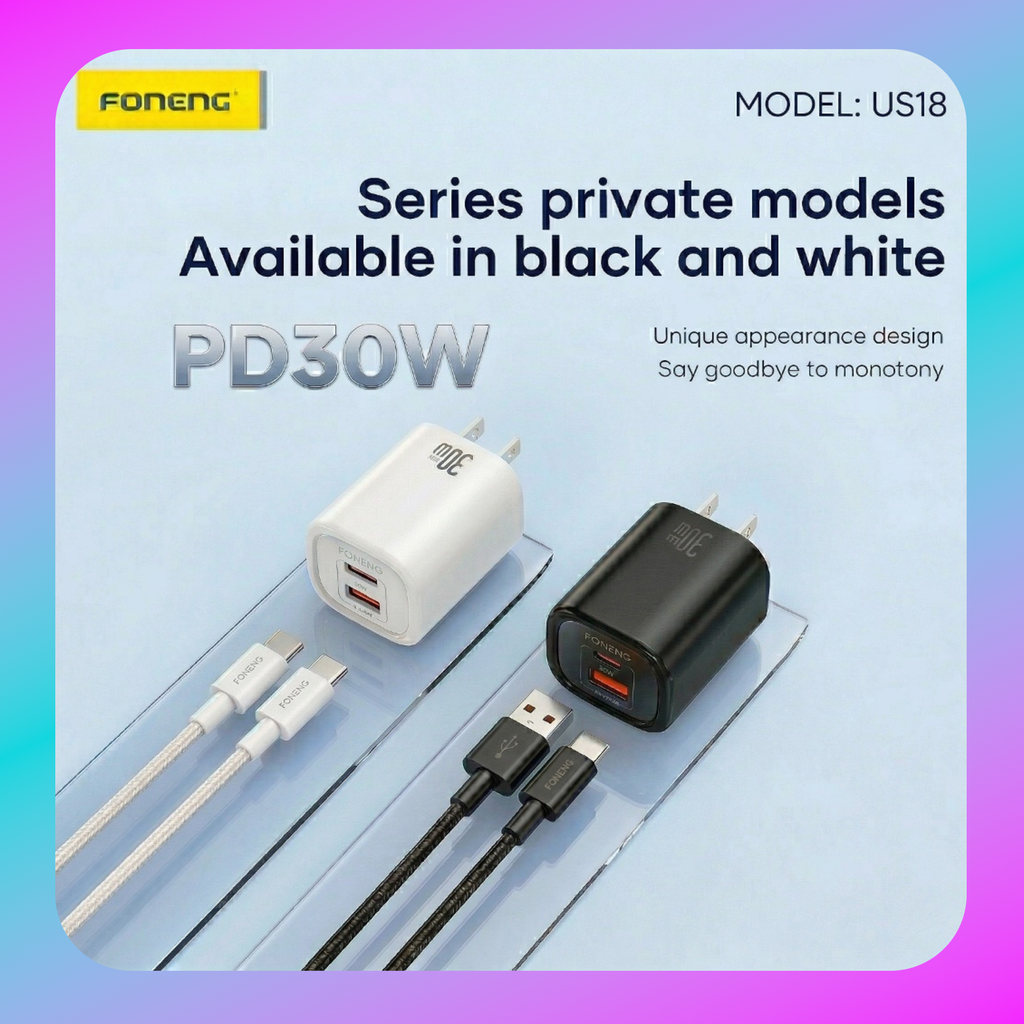 Foneng US18 PD 30W GaN Fast Charger 2-Port (USB-C + USB-A) with Type-C to Type-C Cable