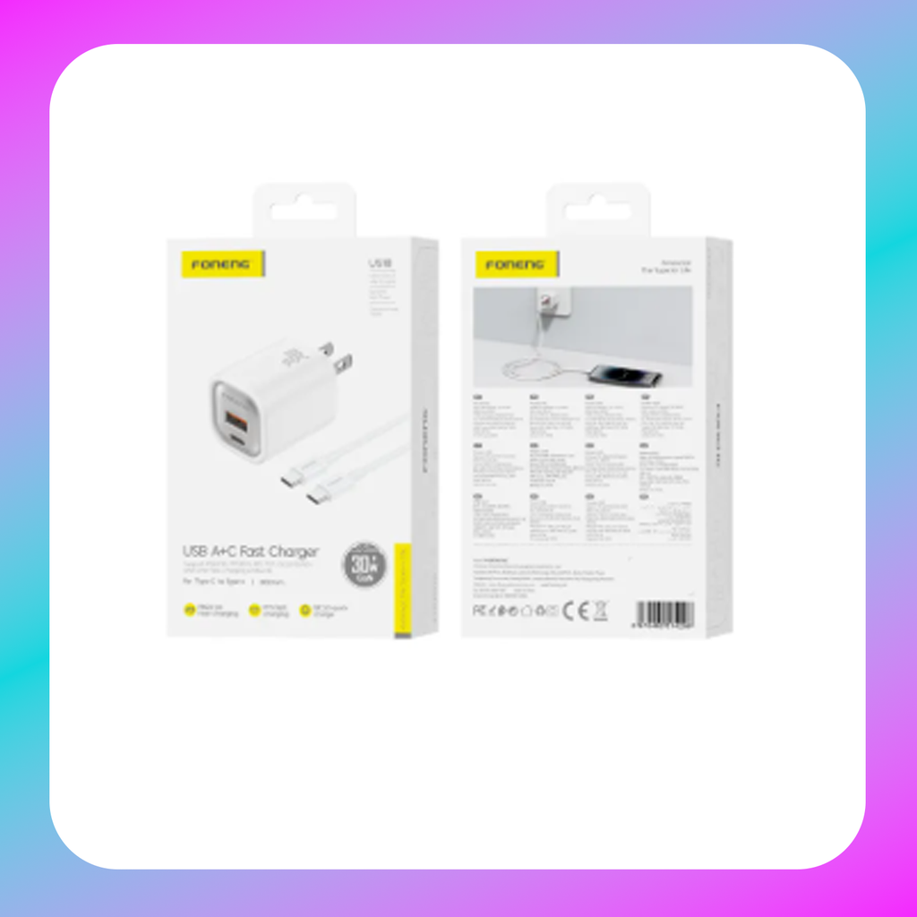 Foneng US18 PD 30W GaN Fast Charger 2-Port (USB-C + USB-A) with Type-C to Type-C Cable