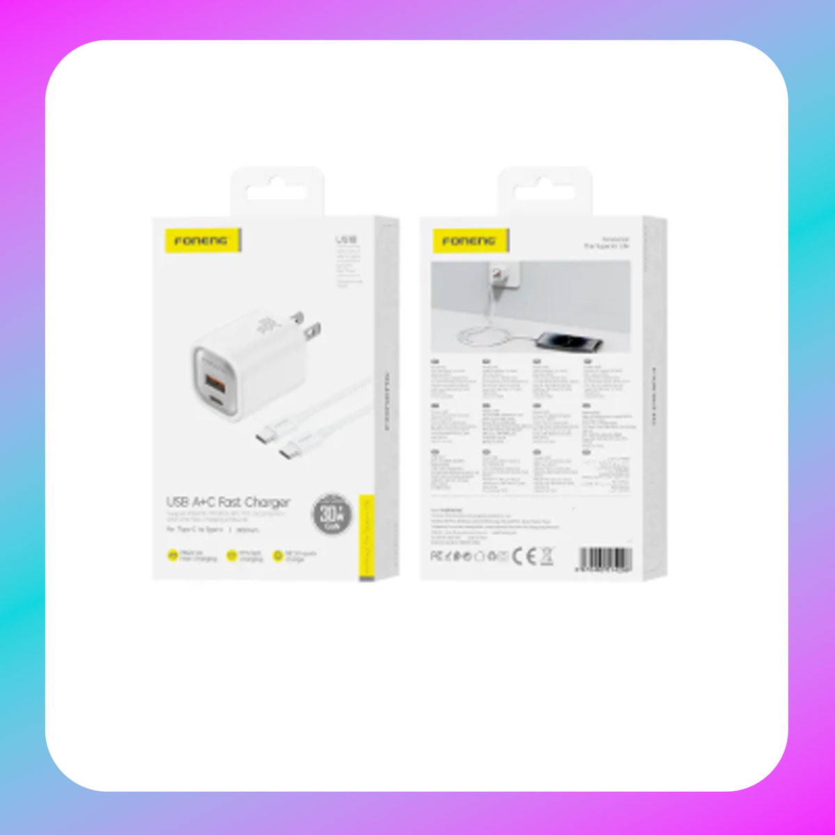 Foneng US18 PD 30W GaN Fast Charger 2-Port (USB-C + USB-A) with Type-C to Type-C Cable